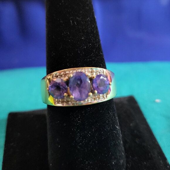 Iolite & Diamond Accent Trilogy Gold Vermeil/ Sterling Ring - Picture 1 of 7